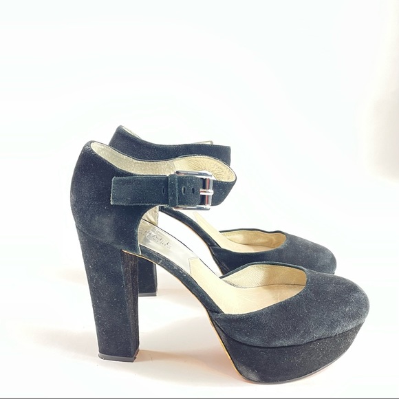 Michael Michael Kors Black Suede Ankle Strap Buckle Platform Chunky Pumps 9M - Picture 9 of 9